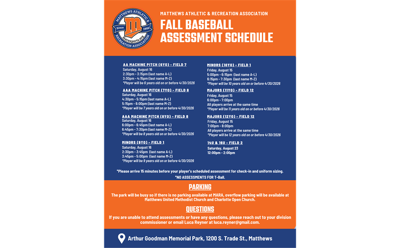 Fall Baseball Assessment Schedule