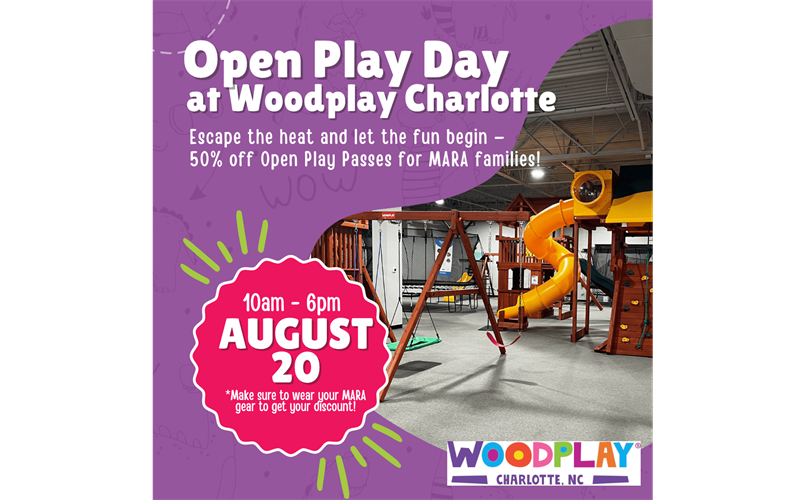 Open Play Day at Woodplay Charlotte - Wed., August 20, 10am - 6pm